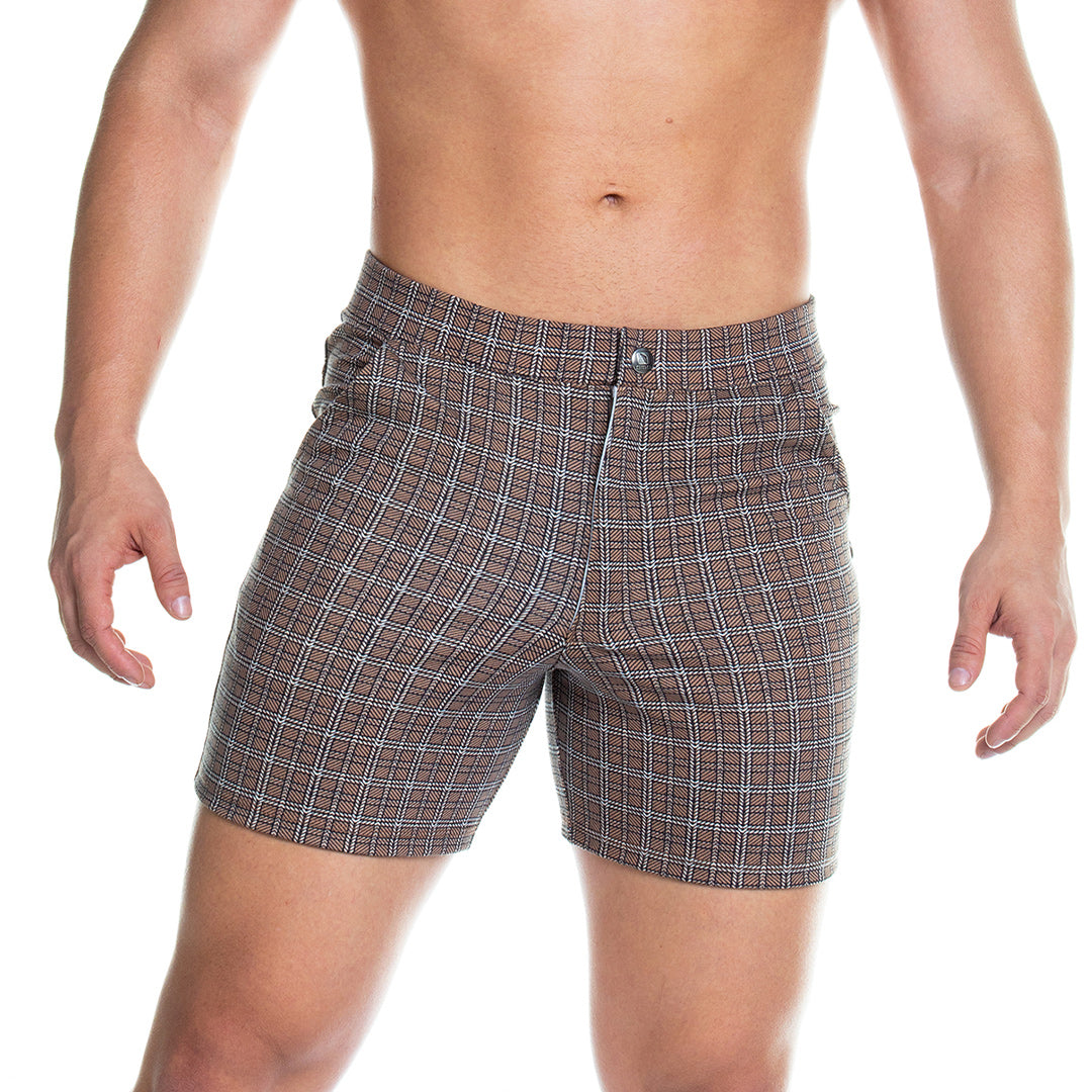 FORMAL BROWN SQUARE SHORT - Pantaloneta corta marrón a cuadros para hombres