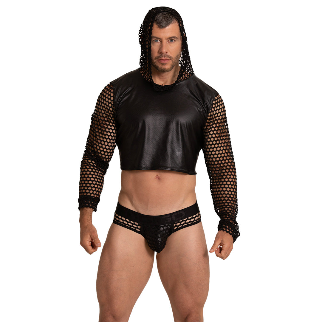 Hole Black Hoody Tshirt en modelo de Gigo Underwear