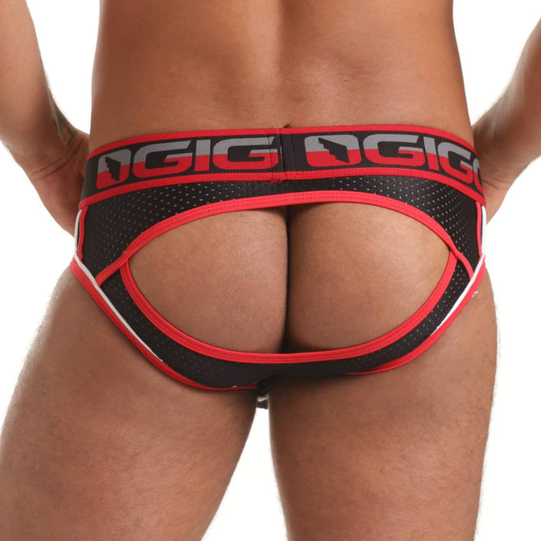 Versatil Red Brief Jockstrap vista posterior de Gigo Underwear