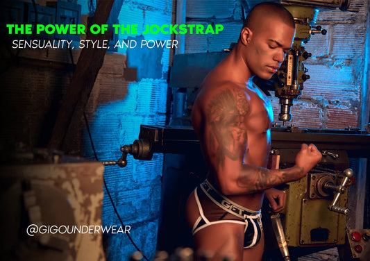 Modelo usando jockstrap mesh neón de Gigo Underwear, tendencia 2025