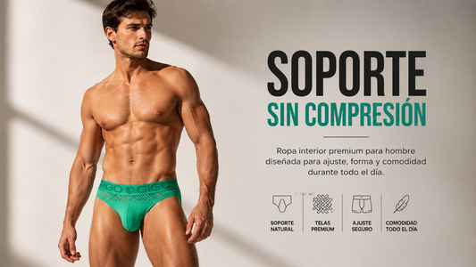Modelo masculino usando ropa interior verde de soporte Gigo en banner editorial horizontal con texto “Soporte sin compresión”, destacando ajuste seguro, soporte natural y comodidad diaria.