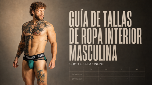 Modelo masculino usando ropa interior GIGO junto al título Tabla de tallas de ropa interior masculina