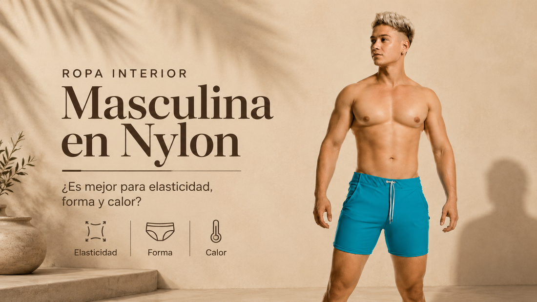 Portada editorial de Gigo Underwear con modelo masculino usando beachwear azul turquesa sobre fondo beige clásico y texto sobre ropa interior masculina en nylon.