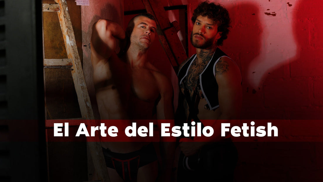 Hombre usando harness negro y tank con detalles brillantes, en un estilo fetish suave moderno y elegante.