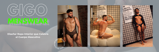 Proceso creativo de Gigo Underwear mostrando selección de telas, colores y bocetos utilizados para diseñar ropa interior masculina premium.