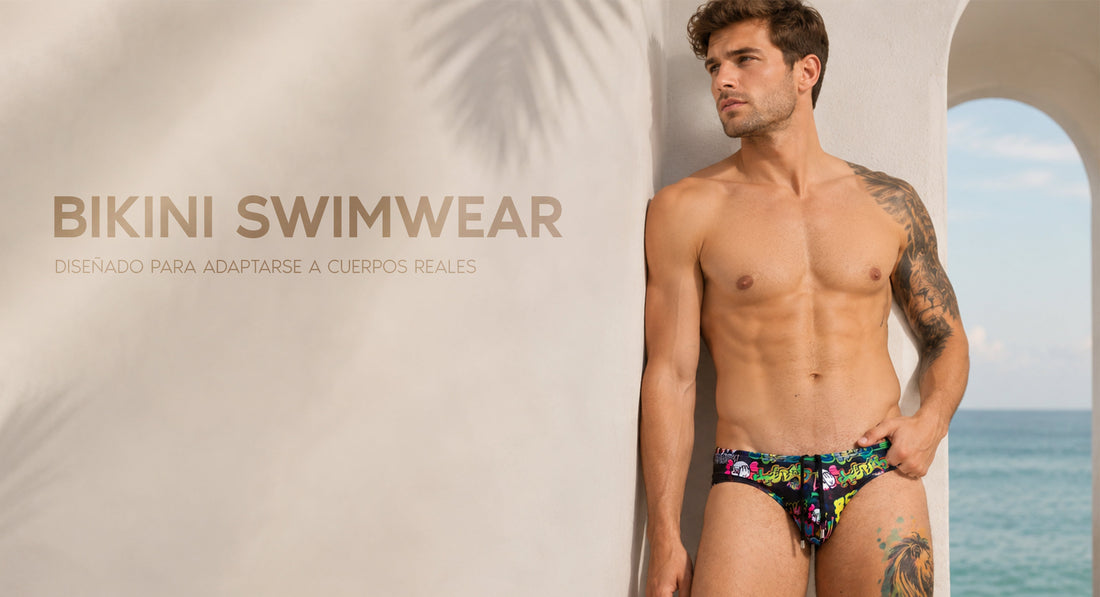 Modelo masculino adulto usando swimwear Gigo en un ambiente de playa o piscina, mostrando la diferencia entre un bañador ajustado y un bañador holgado con estilo moderno, cómodo y seguro.