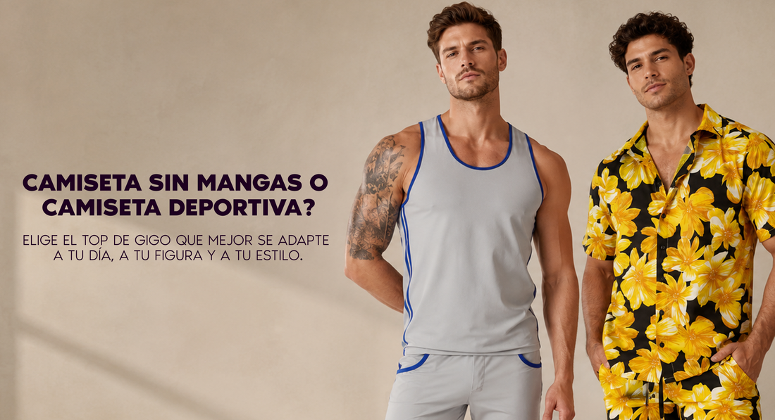 Modelo masculino adulto usando un tank top Gigo con ajuste limpio en hombros, movimiento cómodo, estilo moderno y look fresco para clima cálido.