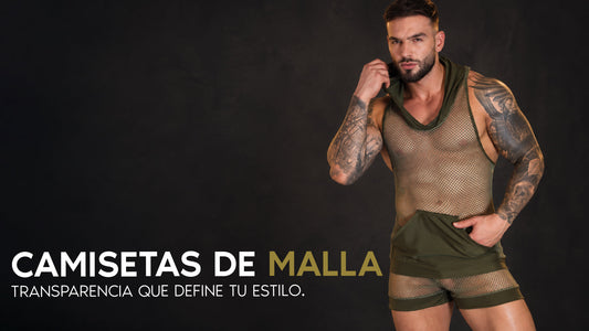 Modelo masculino con camiseta de malla verde oliva transparente y shorts a juego de GIGO Underwear, portada del blog sobre camisetas de malla para hombre.