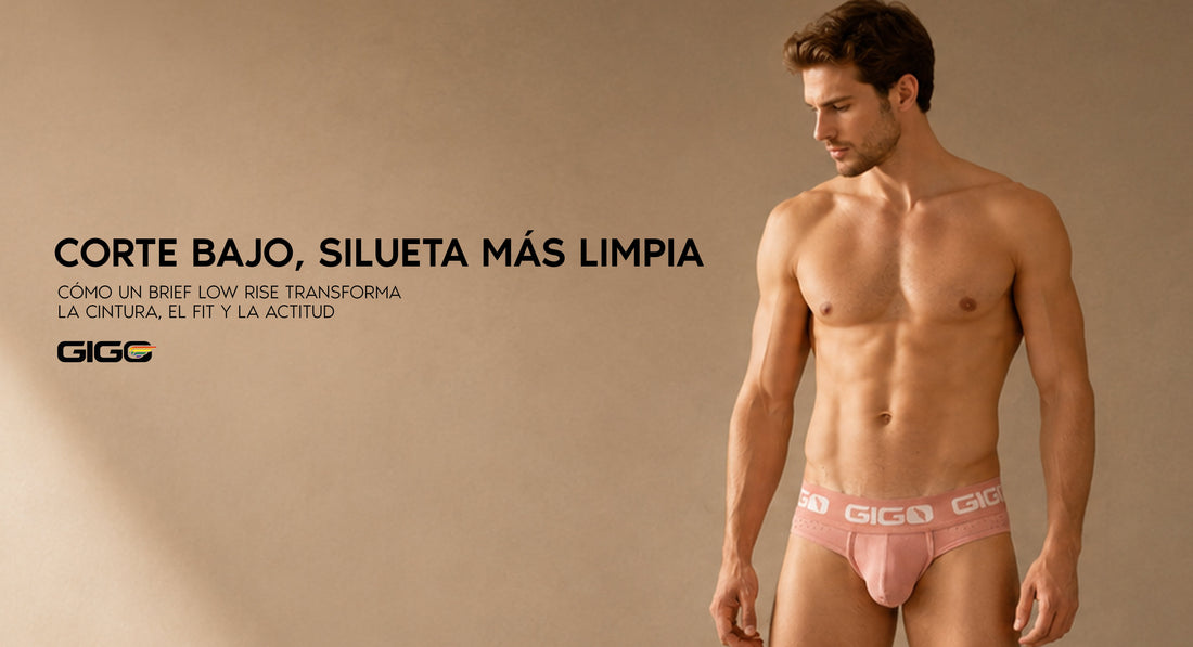 Modelo masculino adulto usando un brief low rise moderno, con cintura limpia, corte bajo y una silueta editorial segura y estilizada.