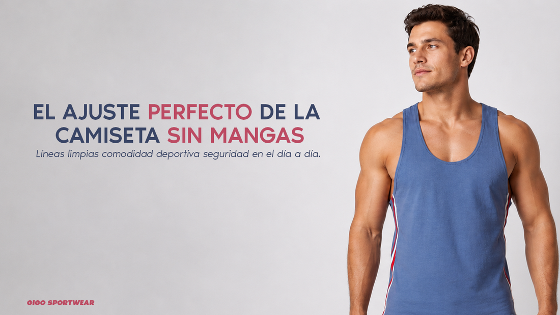 Modelo masculino adulto usando una camiseta sin mangas Gigo con ajuste limpio en hombros, estilo atlético moderno y apariencia premium.