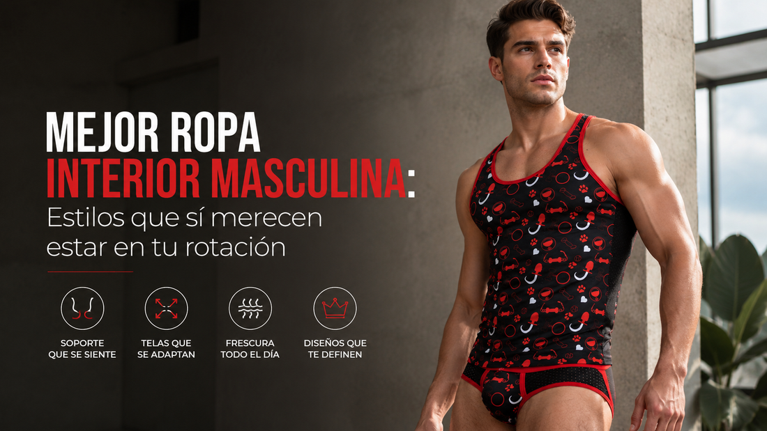 Modelo masculino adulto usando tank y brief negro con rojo de Gigo Underwear en portada editorial horizontal sobre mejor ropa interior masculina, soporte, frescura y diseños premium