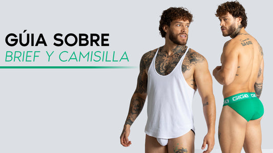 Dos modelos masculinos, uno con una camiseta sin mangas blanca y unos calzoncillos blancos, y el otro con unos calzoncillos verdes de la marca GIGO, junto al texto «La guía de camisetas sin mangas y calzoncillos».