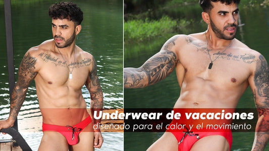 Men usando underwear ligero y swim briefs en destino de playa con Gigo Underwear