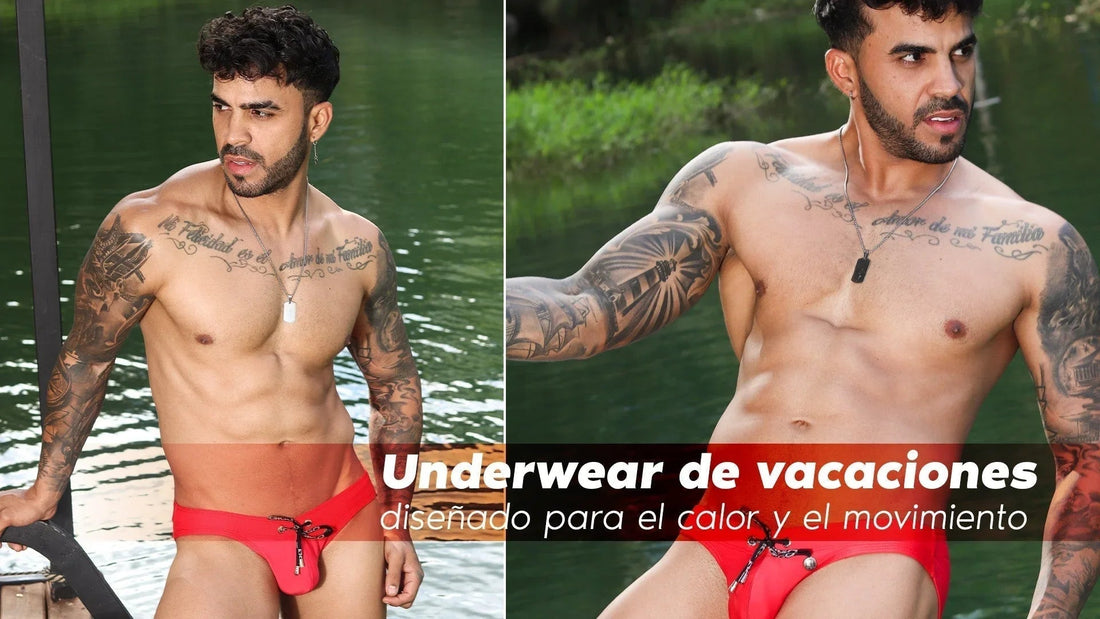 Modelo usando pantaloneta de baño de color rojo en destino de playa con Gigo Underwear