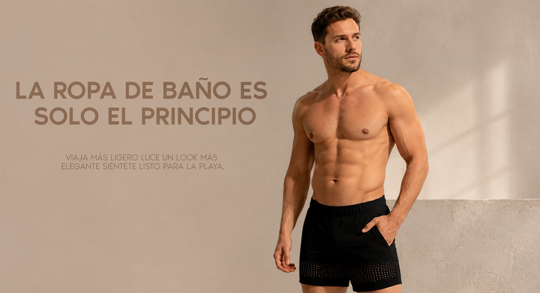 Modelo masculino adulto usando ropa de playa para hombre con swimwear, tank y short en un look moderno de Gigo Underwear
