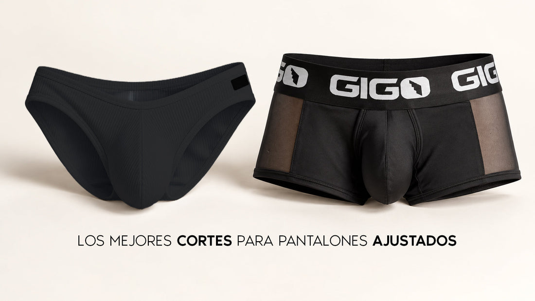 Brief negro y trunk negro GIGO con paneles de malla, junto al texto «Los mejores cortes para pantalones ajustados».