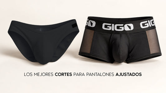 Brief negro y trunk negro GIGO con paneles de malla, junto al texto «Los mejores cortes para pantalones ajustados».