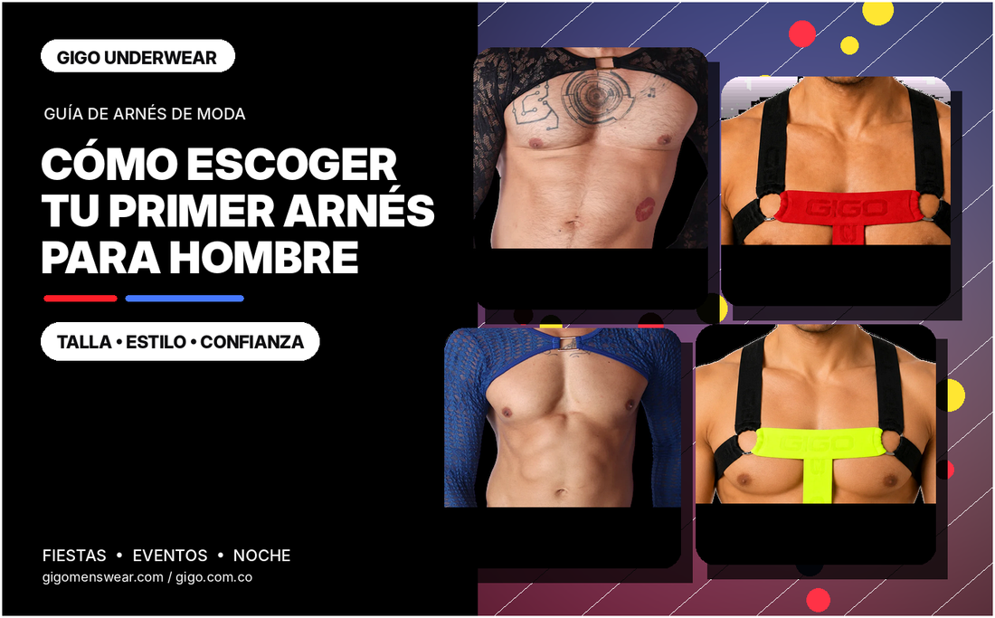 Portada editorial de arneses para hombre Gigo en negro, azul, rojo y amarillo para una guía de primer arnés masculino