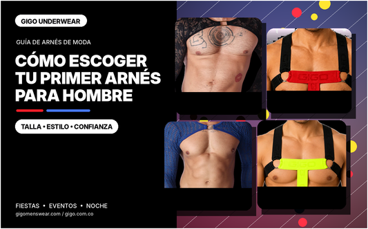 Portada editorial de arneses para hombre Gigo en negro, azul, rojo y amarillo para una guía de primer arnés masculino