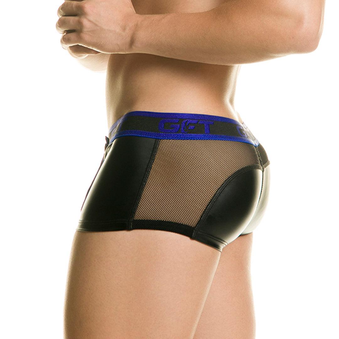 1 FETICHE BLUE TRUNK - Ropa interior de cuero negro para hombres. Boxer para hombres con copa frontal desmontable.