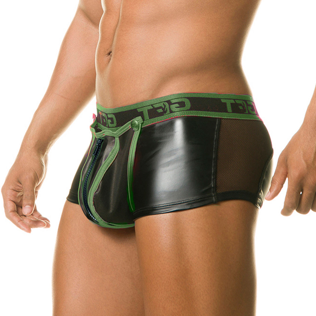 1 Fetiche Green Trunk Zipper vista frontal de Gigo Underwear