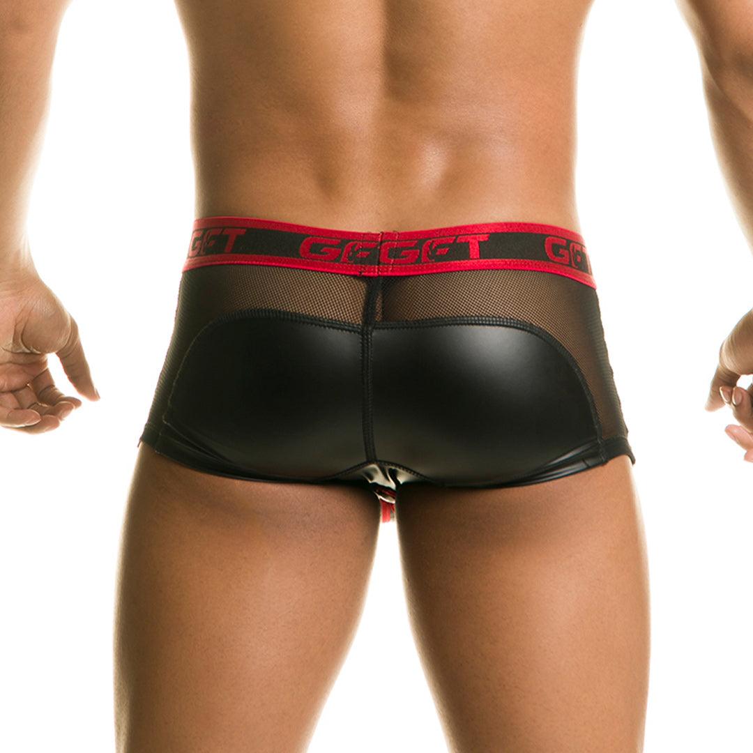 1 FETICHE RED TRUNK - Ropa interior de cuero negro para hombres. Boxer para hombres con copa frontal desmontable.