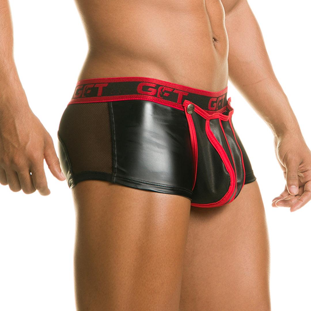1 FETICHE RED TRUNK - Ropa interior de cuero negro para hombres. Boxer para hombres con copa frontal desmontable.