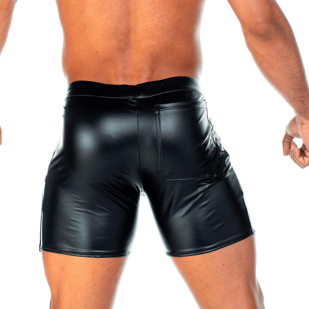 2 FETICHE BLACK SHORT - Pantaloneta corta de cuero negro para hombres
