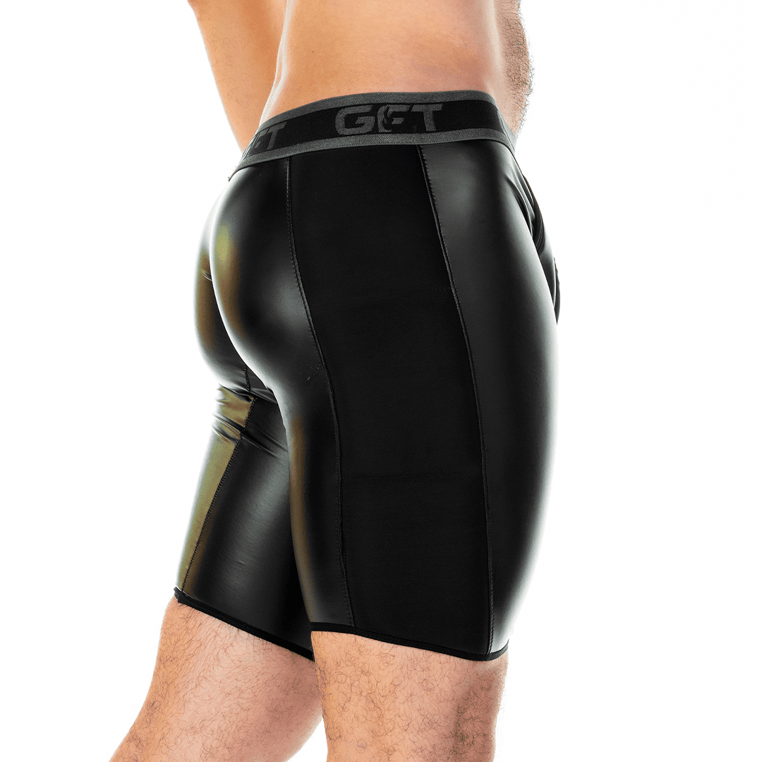 2 FETICHE BLACK ZIPPER TRUNK LONG - Ropa interior de cuero negro para hombres. Boxer corto con cremallera frontal