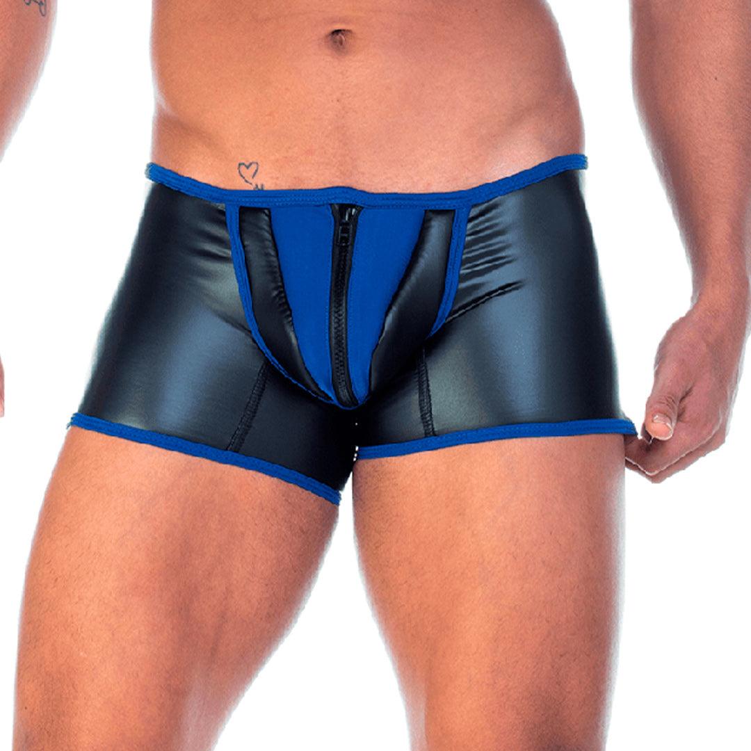 2 FETICHE BLUE ZIPPER TRUNK - Ropa interior de cuero negro sexy para hombres. Boxer para hombres con cierre frontal.