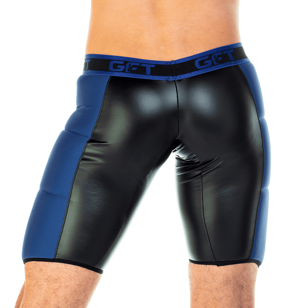 2 FETICHE BLUE ZIPPER TRUNK LONG - Ropa interior de cuero negro para hombres. Boxer corto con cremallera frontal
