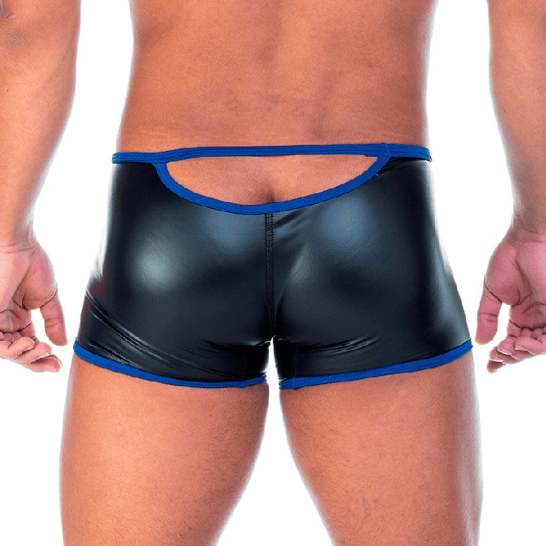 2 FETICHE BLUE ZIPPER TRUNK - Ropa interior de cuero negro sexy para hombres. Boxer para hombres con cierre frontal.