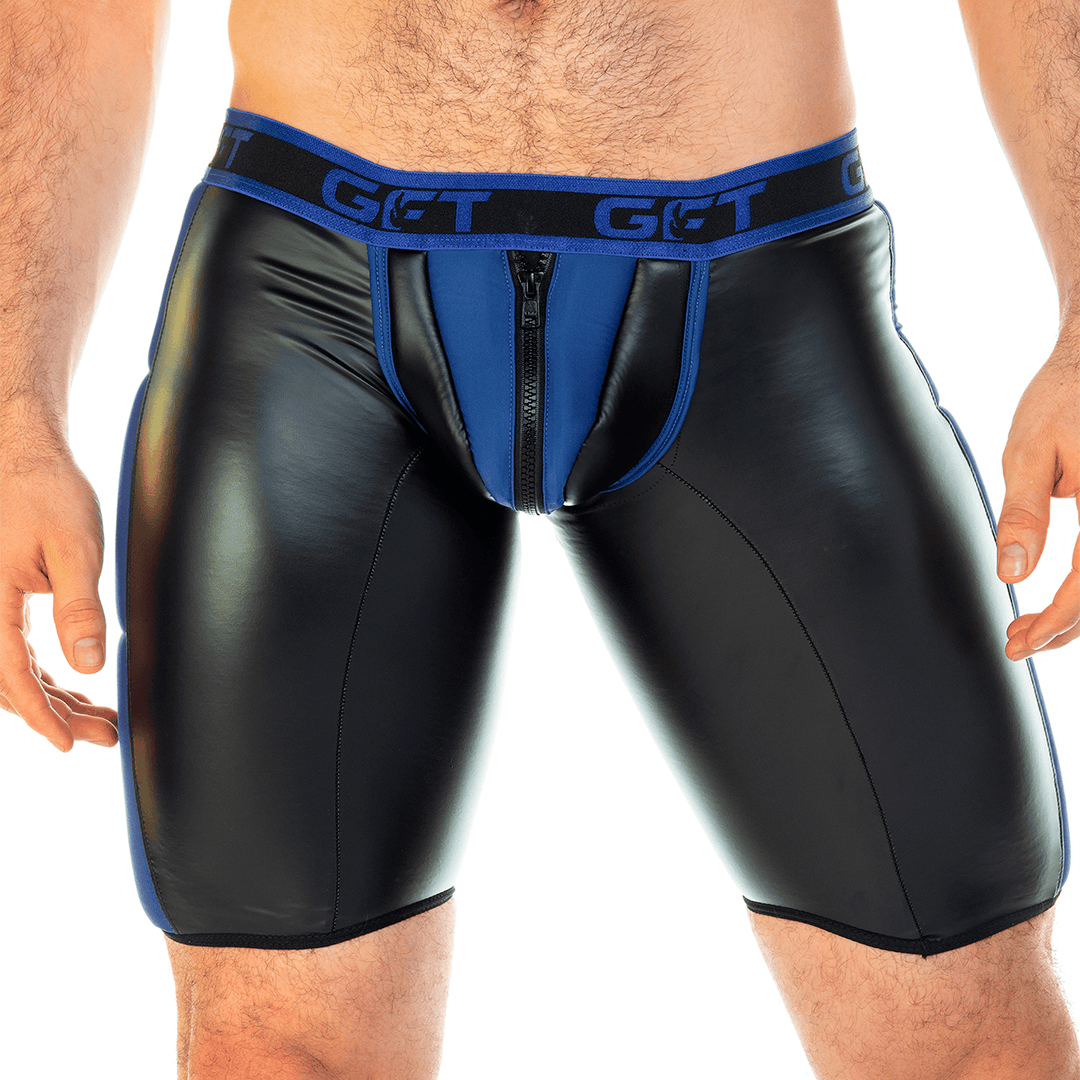 2 FETICHE BLUE ZIPPER TRUNK LONG - Ropa interior de cuero negro para hombres. Boxer corto con cremallera frontal