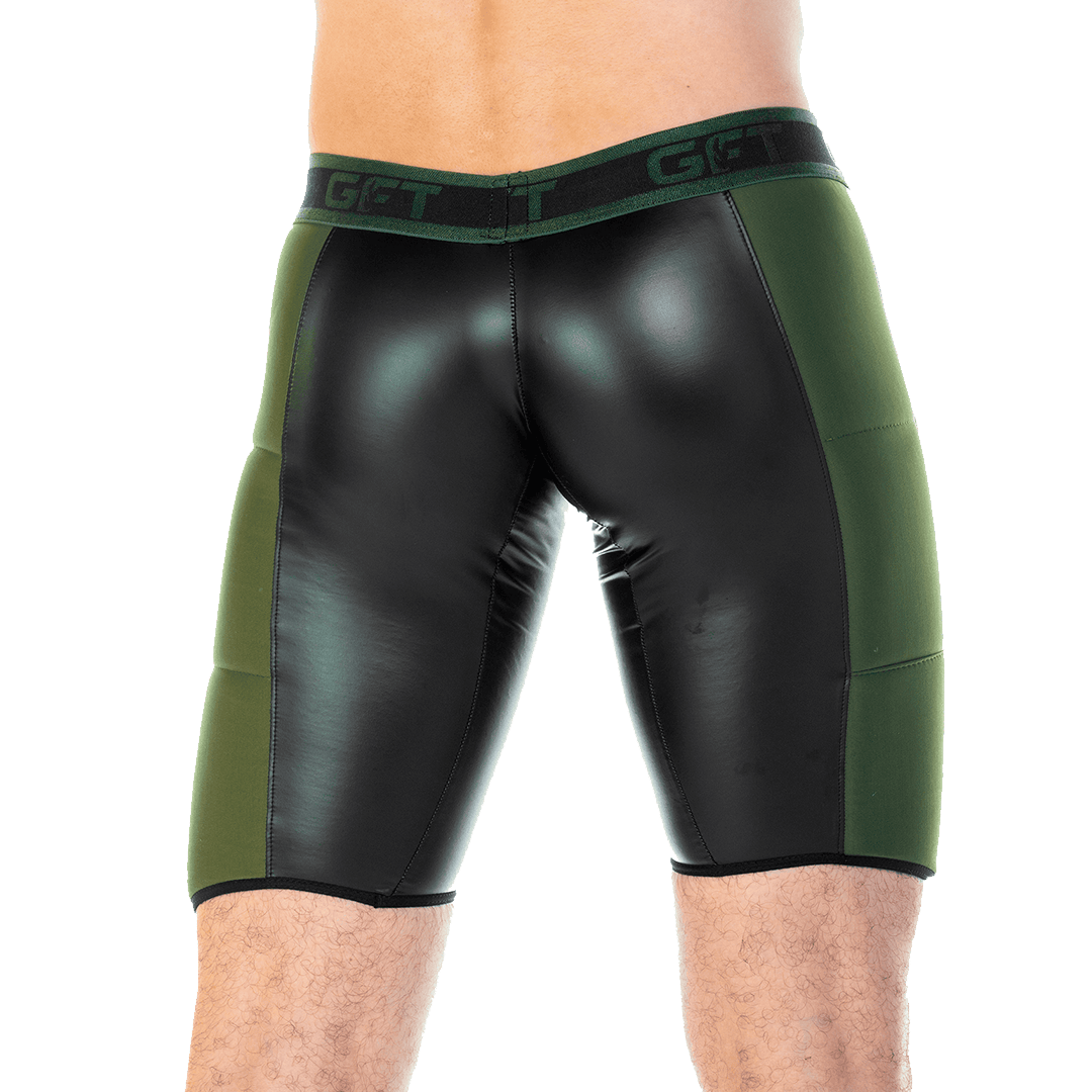 2 FETICHE GREEN ZIPPER TRUNK LONG - Ropa interior de cuero negro para hombres. Boxer corto con cremallera frontal