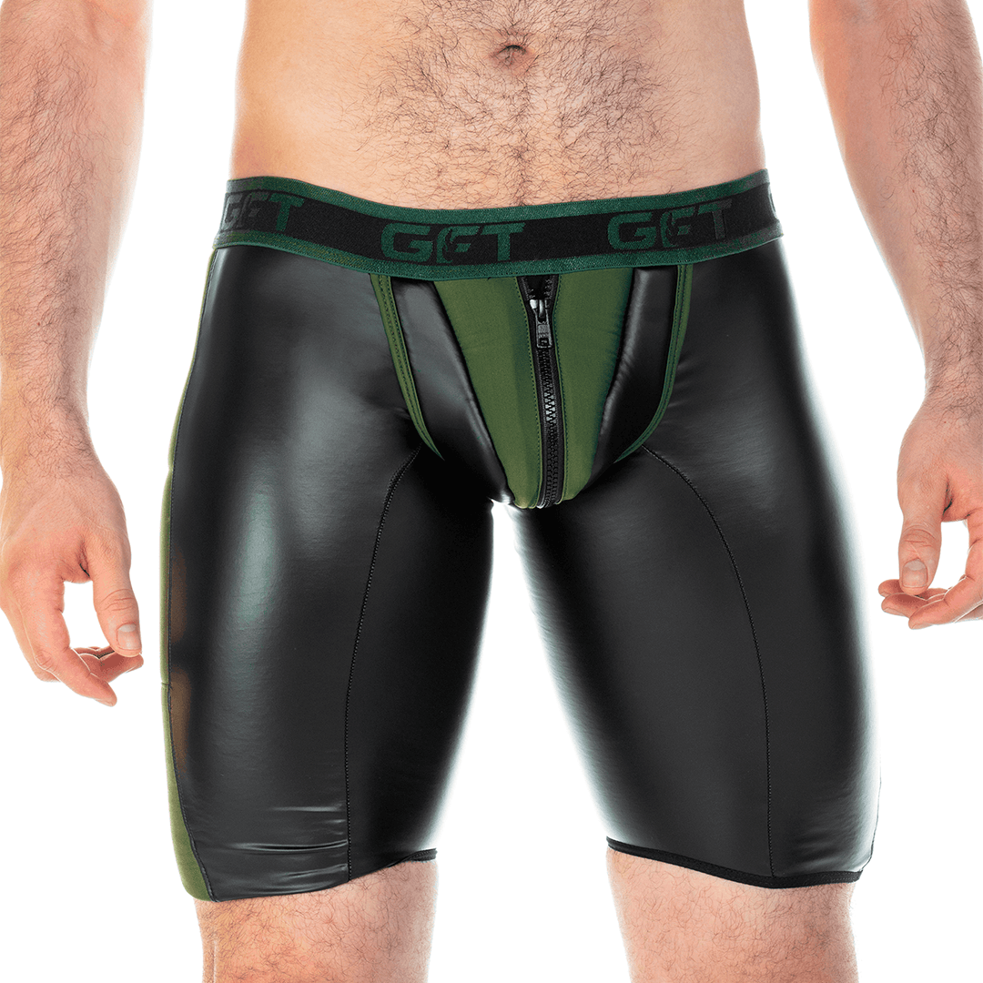 2 FETICHE GREEN ZIPPER TRUNK LONG - Ropa interior de cuero negro para hombres. Boxer corto con cremallera frontal