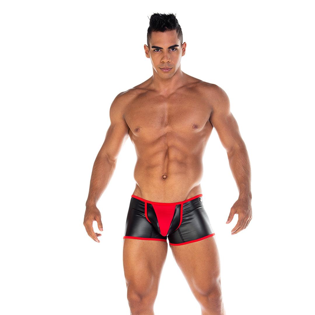 2 FETICHE RED TRUNK - Ropa interior de cuero negro sexy para hombres. Boxer para hombre