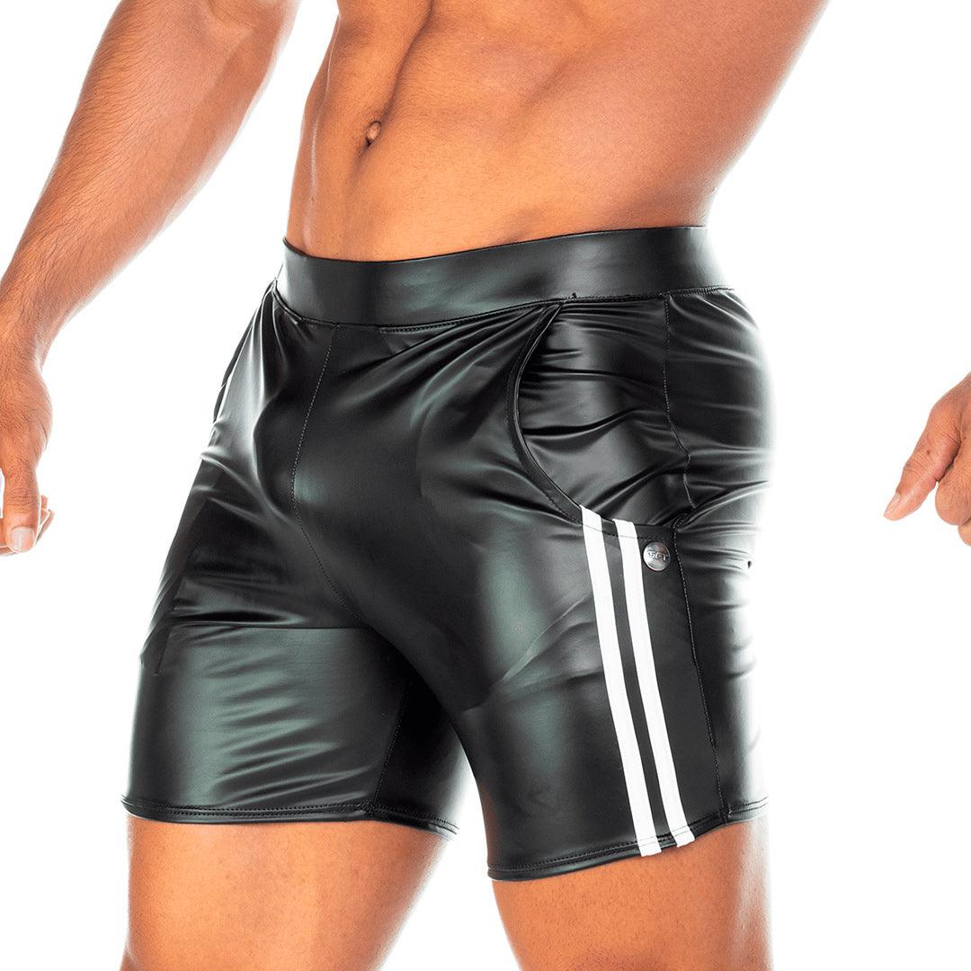 2 FETICHE WHITE SHORT - Pantaloneta corta de cuero negro para hombres