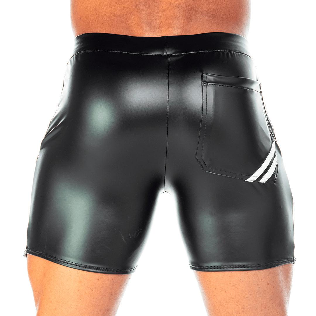 2 FETICHE WHITE SHORT - Pantaloneta corta de cuero negro para hombres