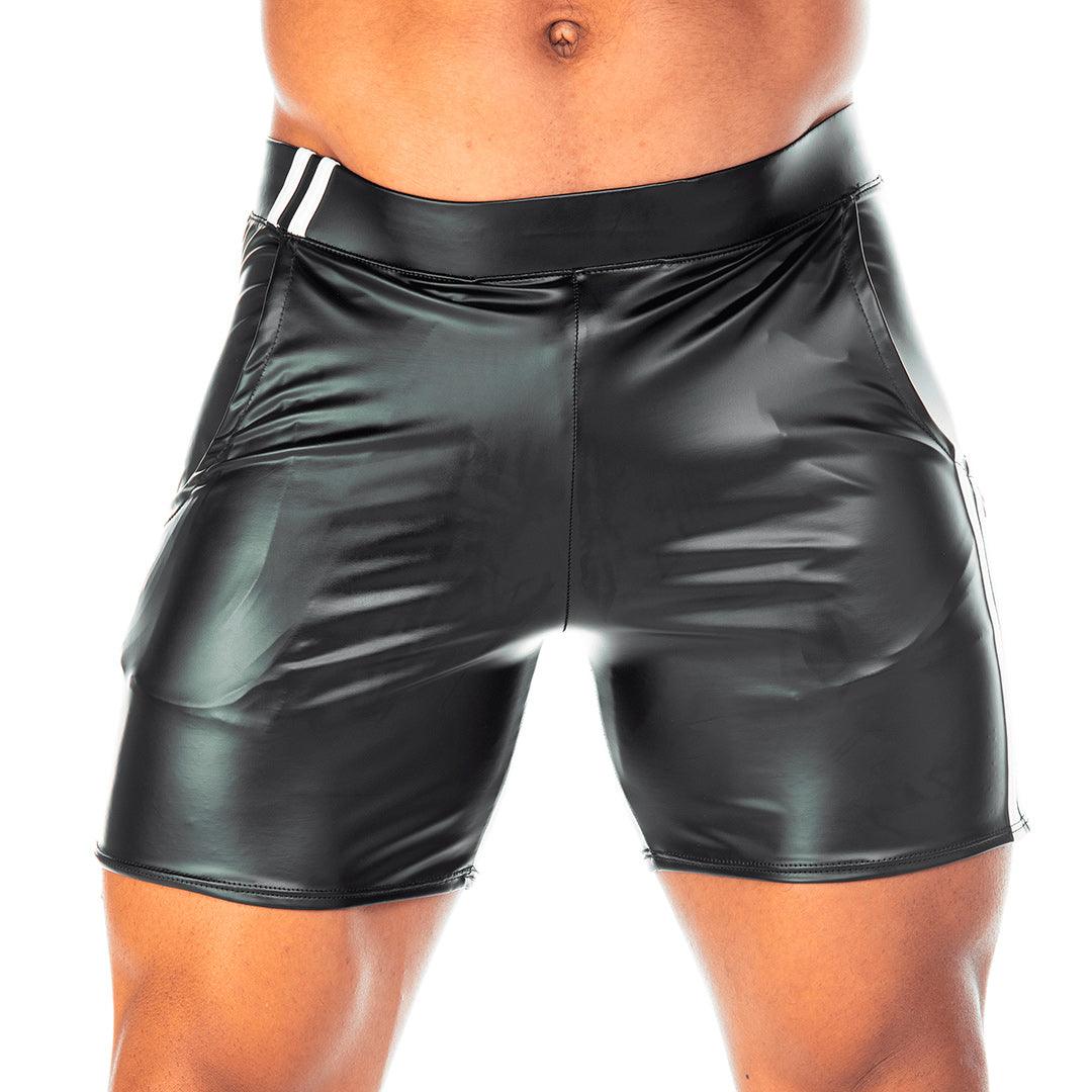 2 FETICHE WHITE SHORT - Pantaloneta corta de cuero negro para hombres