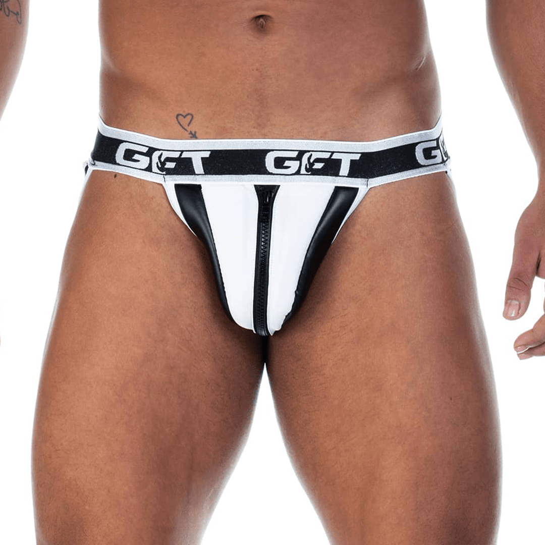 2 FETICHE WHITE ZIPPER JOCKSTRAP - Jockstrap tipo cuero negro sexy para hombre con cierre frontal