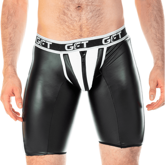 2 FETICHE WHITE ZIPPER TRUNK LONG - Ropa interior de cuero negro sexy para hombres. Boxer para hombres con cierre frontal.