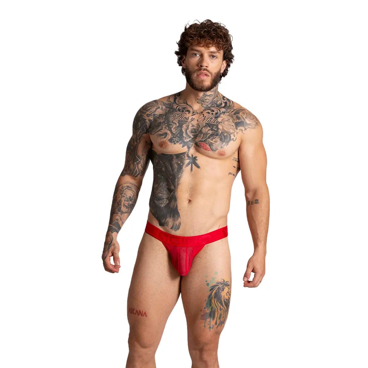 BAHIA RED BRIEF - Pantaloncillo de malla roja para hombres con copa que permite realce
