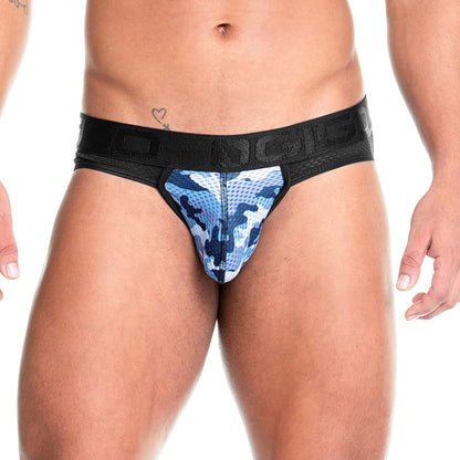 Camo Black Brief Jockstrap vista frontal de Gigo Underwear