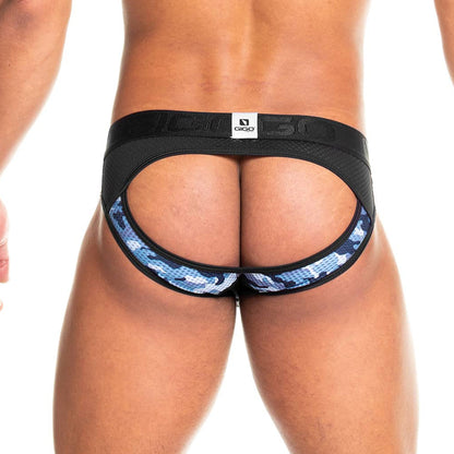 Camo Black Brief Jockstrap vista posterior de Gigo Underwear