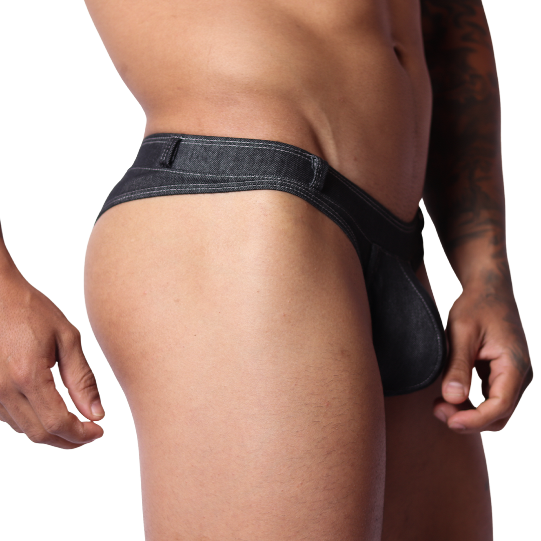 Denim Black Thong vista frontal de Gigo Underwear