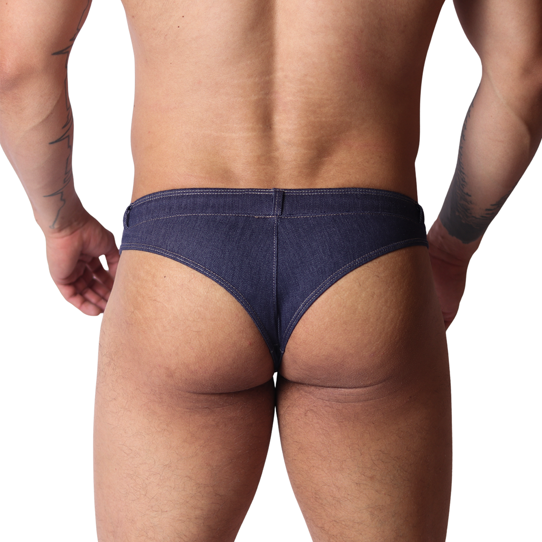 Denim Blue Thong vista posterior de Gigo Underwear