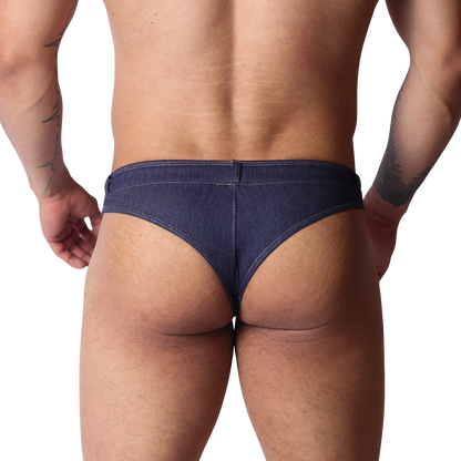Denim Blue Thong vista posterior de Gigo Underwear