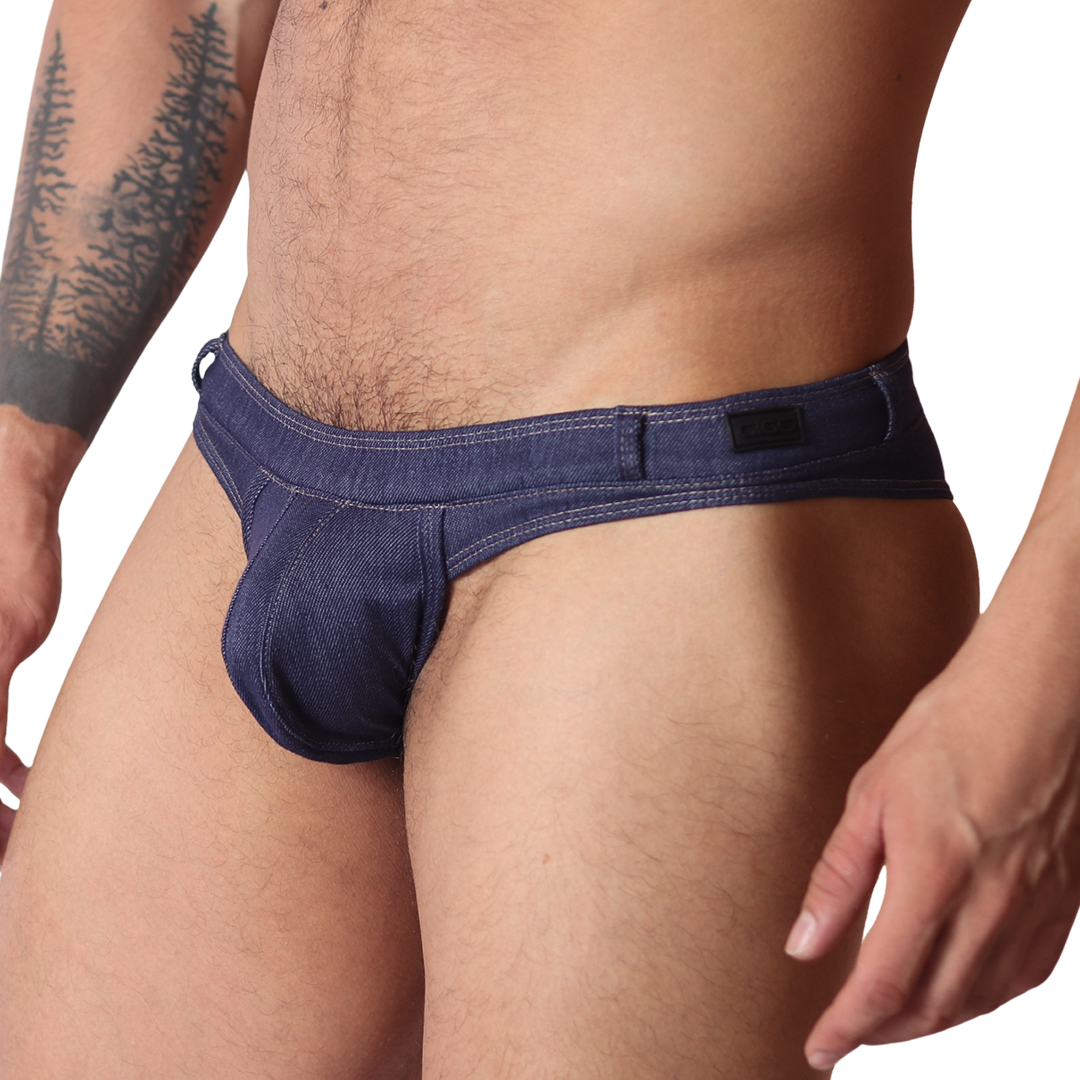 Denim Blue Thong vista frontal de Gigo Underwear