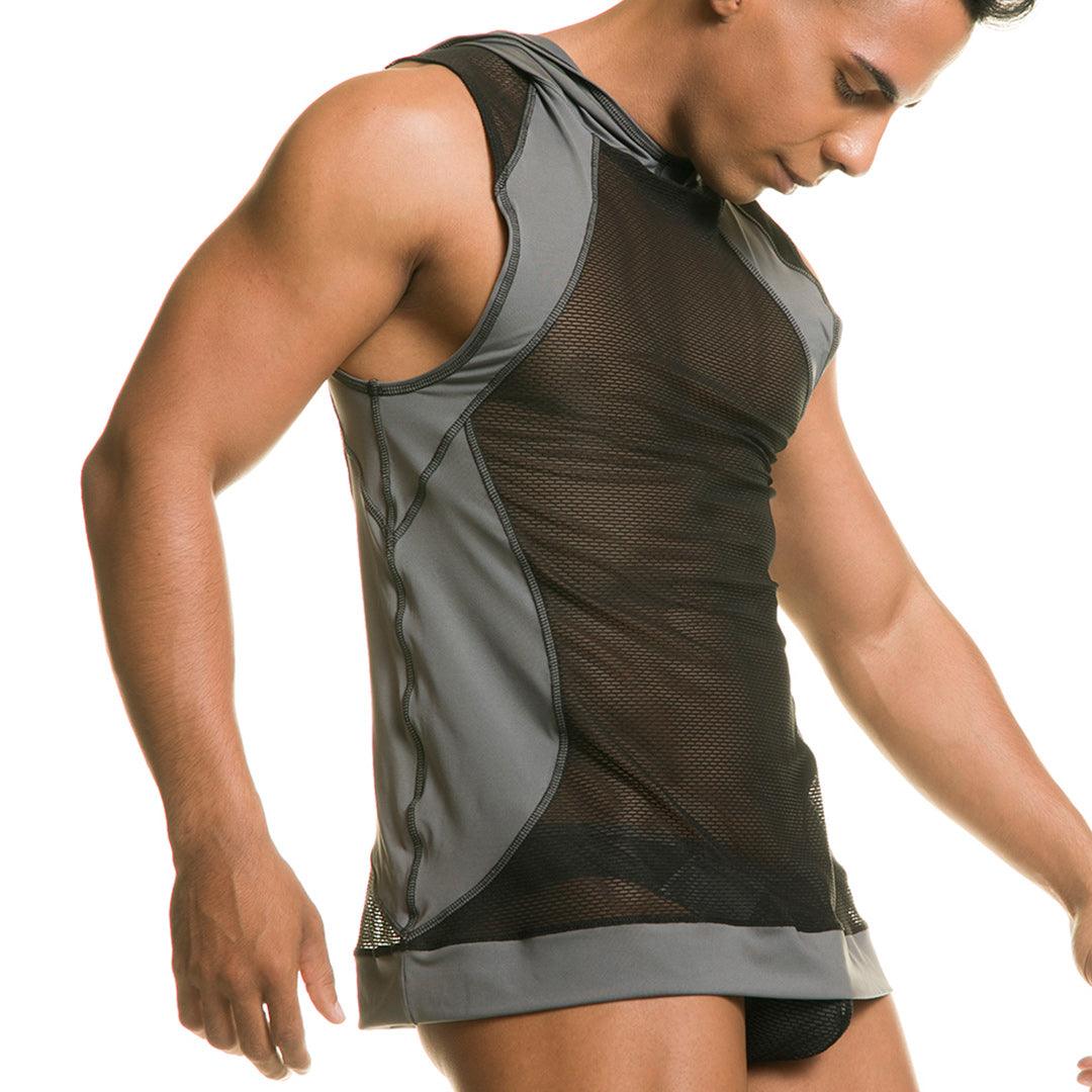 DESTRUCTIVE GRAY HOODY TSHIRT - Camiseta interior con capucha de malla negra para hombres