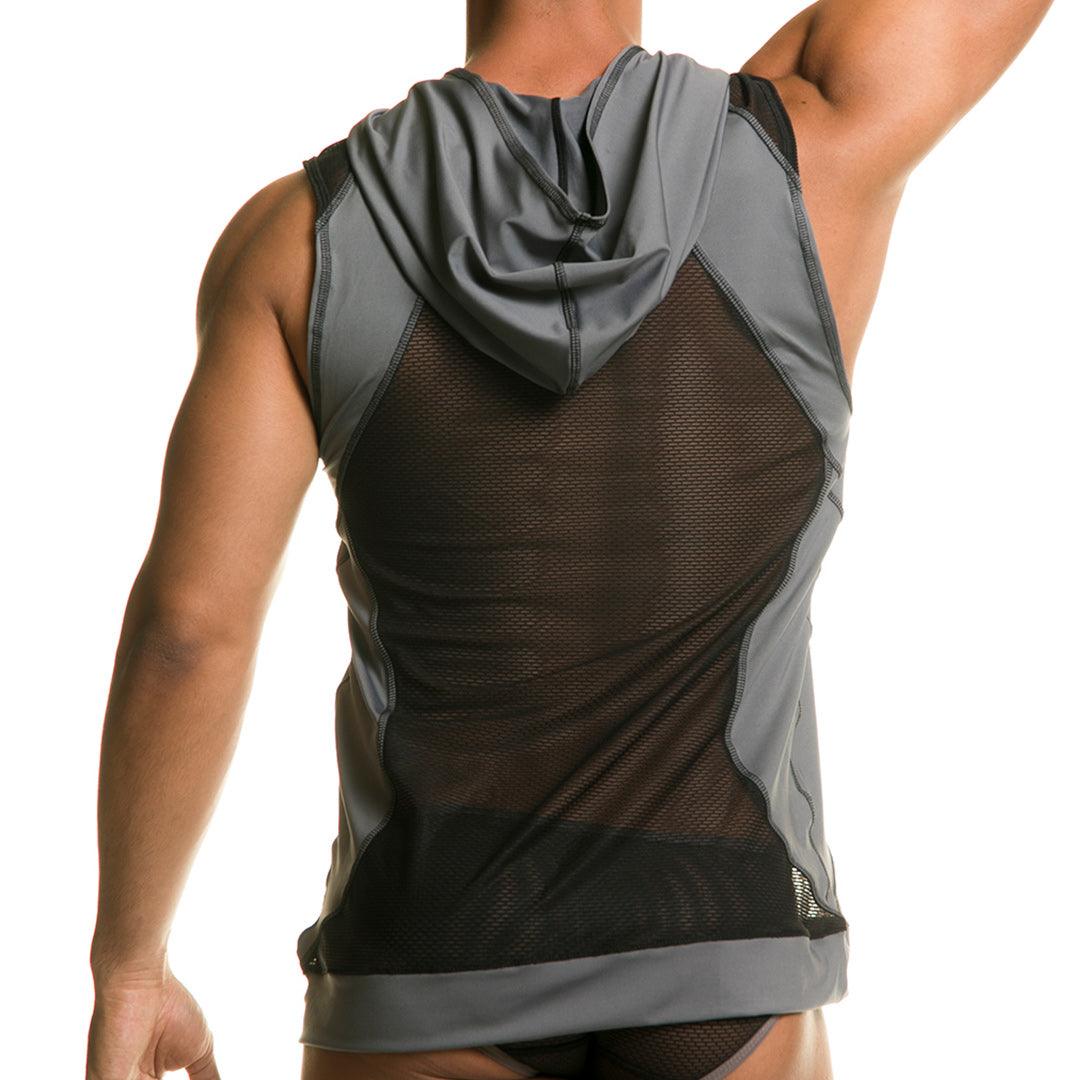 DESTRUCTIVE GRAY HOODY TSHIRT - Camiseta interior con capucha de malla negra para hombres